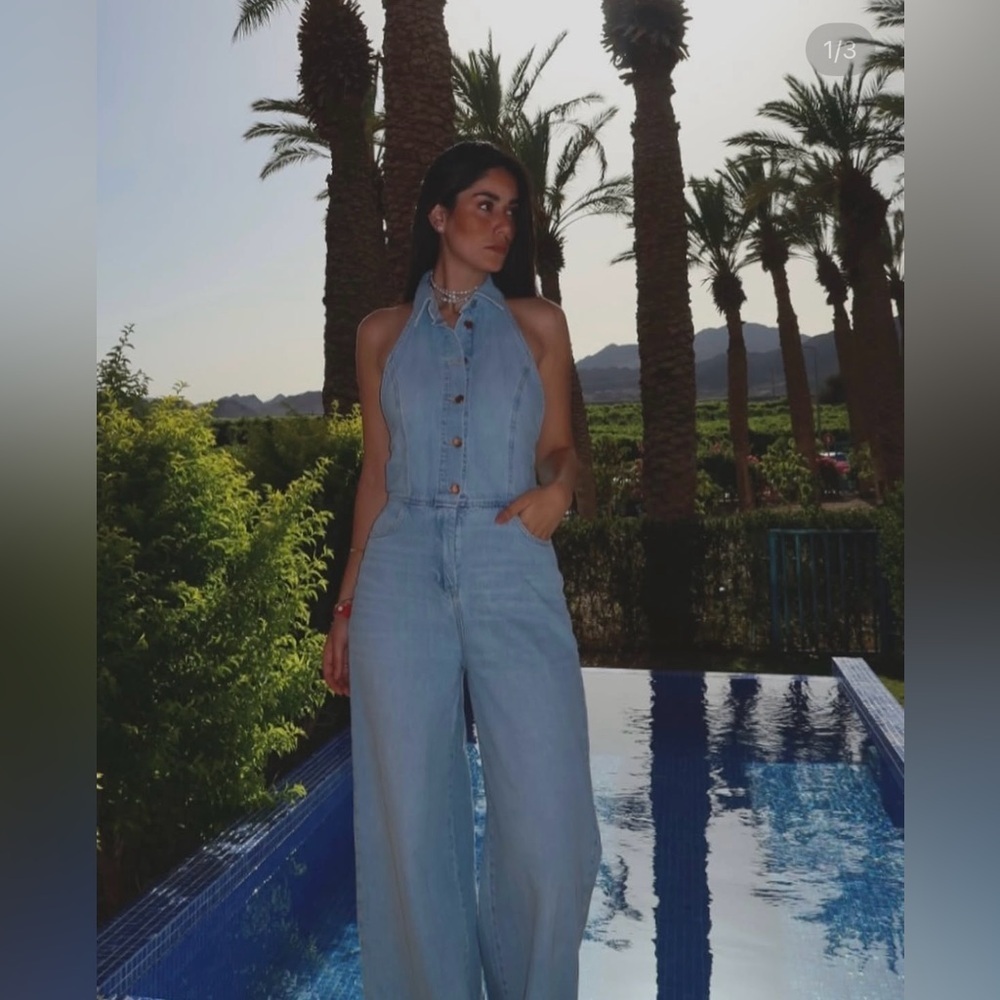 Zara jumpsuit denim halter wide leg open back bohemian casual summer - Picture 2 of 12